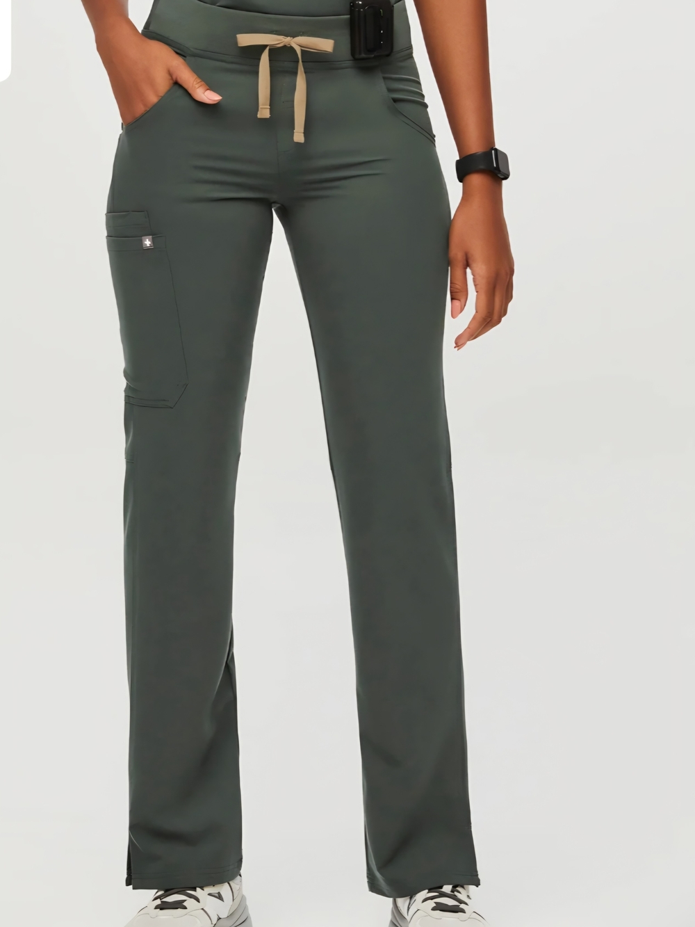 FIGS Straight-Leg Scrub Pants in Moss Green with Tan Drawstring
